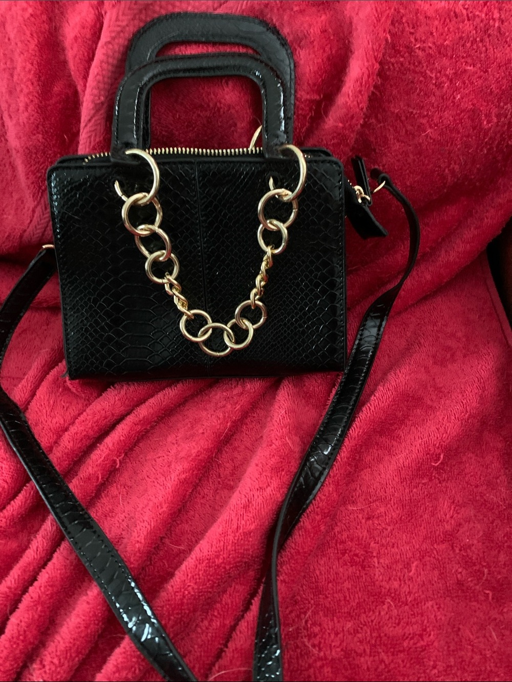 Black Faux-Snake Chain Accent Satchel - Unbranded